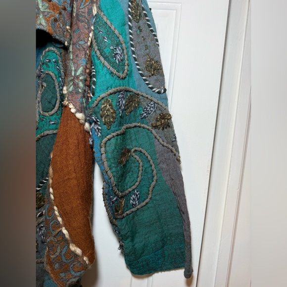 Anu By Natural Vintage Embroidered Boho Patchwork Jacket SMALL Fringe Wool Art - Picture 9 of 14